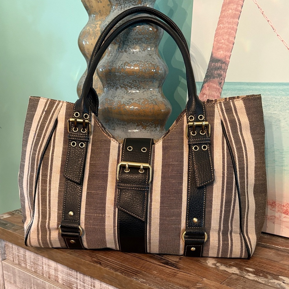 Tommy Hilfiger Brown, Cream and Black Striped Canvas Tote with Dark Brown Trim